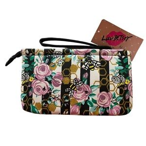 NWT’s Luv Betsey striped bumblebee rose print double pouch wristlet